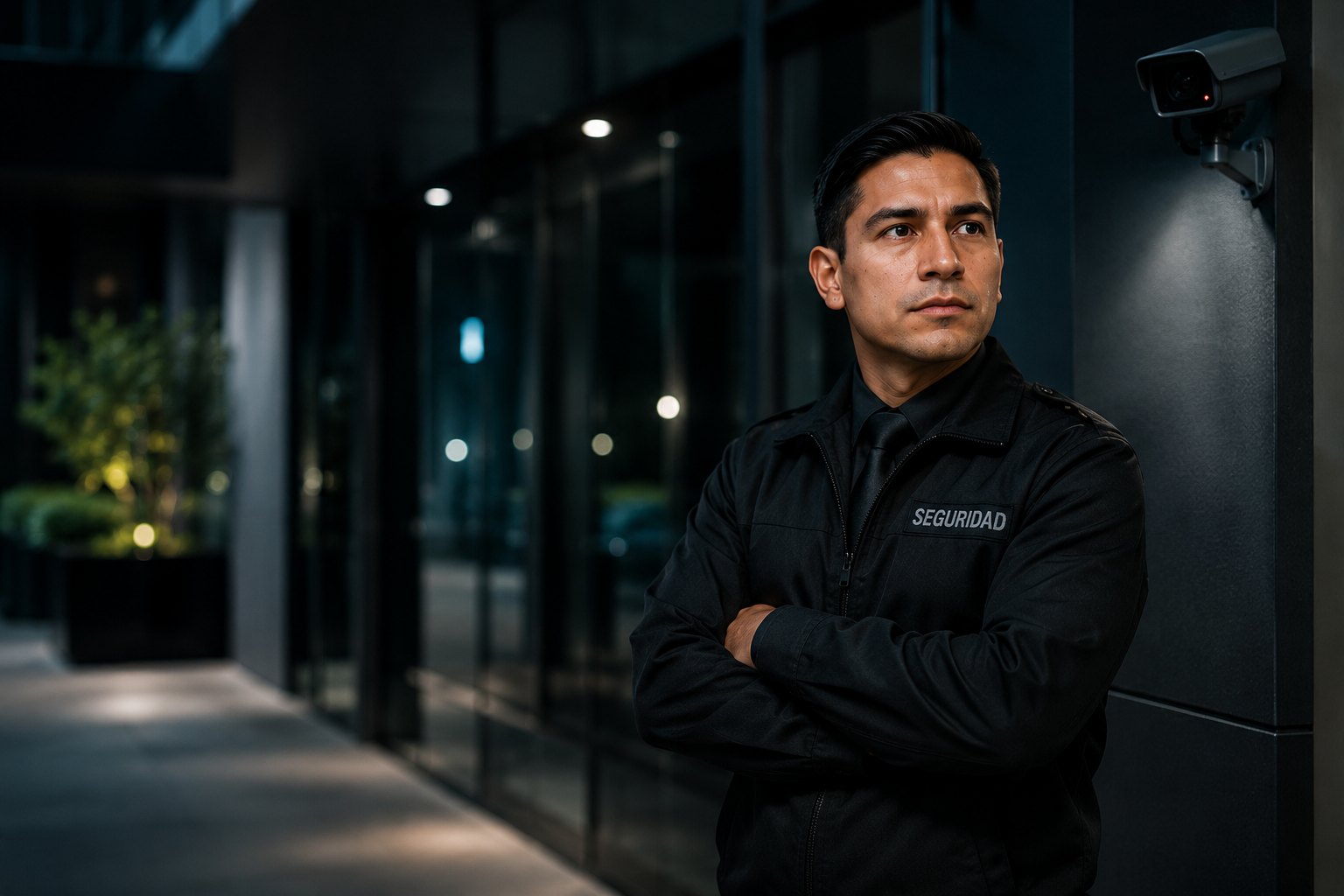 Personal de seguridad vigilando un edificio durante la noche